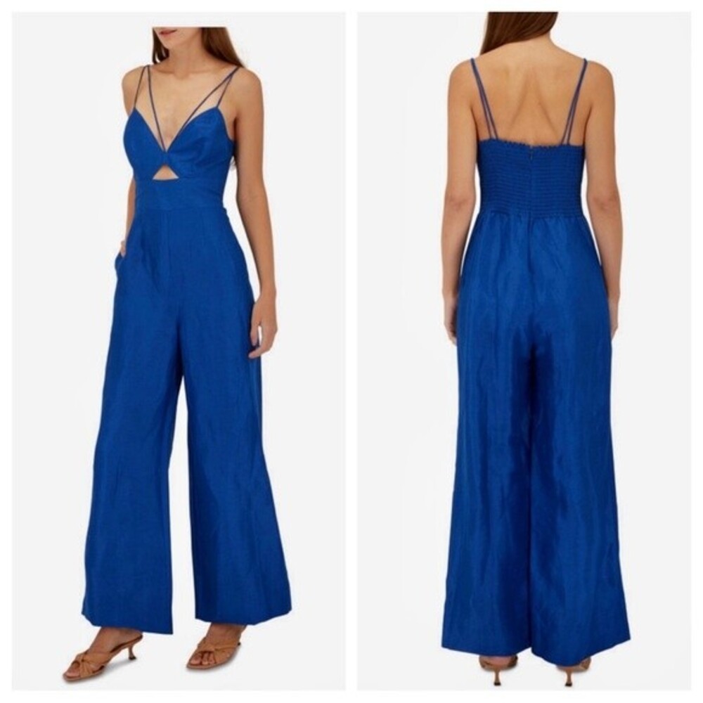 Sachim & Babi Arden Jumpsuit Royal Blue Linen Silk Blend V-Neck Wide Leg NWT 4